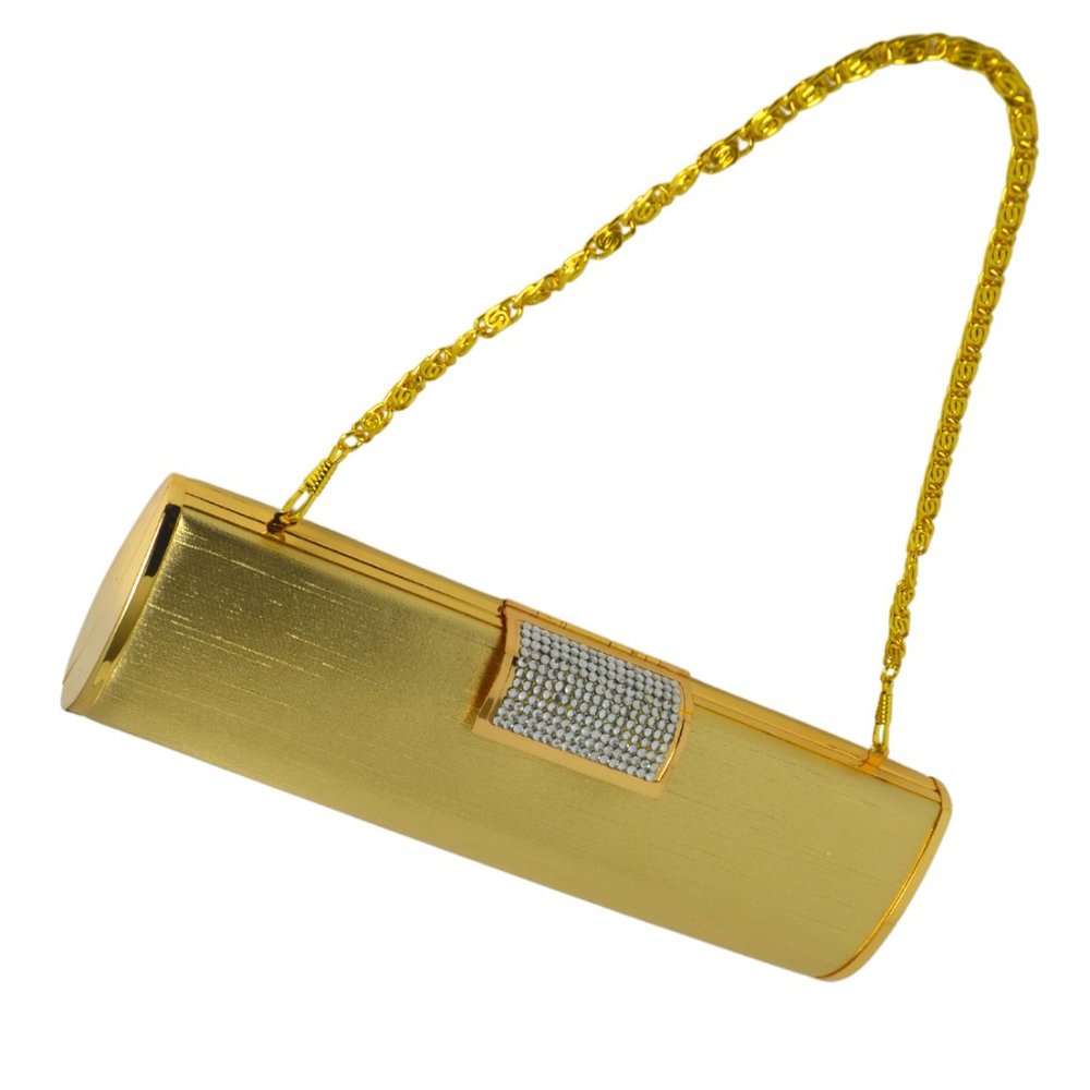 Gold and Rhinestone Metal Barrel Clutch W/Two Optional Chain Straps "Stunning!"